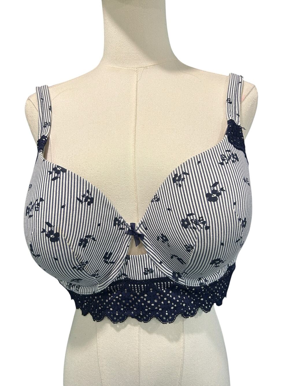 Cacique 42D T-Shirt Bra Navy White Striped Floral Lace Lightly Lined Underwire